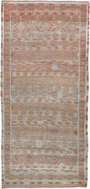 3' x 6' one-of-a-kind handmade antique Sumak runner rug. Color palette: ivory, terra cotta, camel, taupe, terracotta, brown