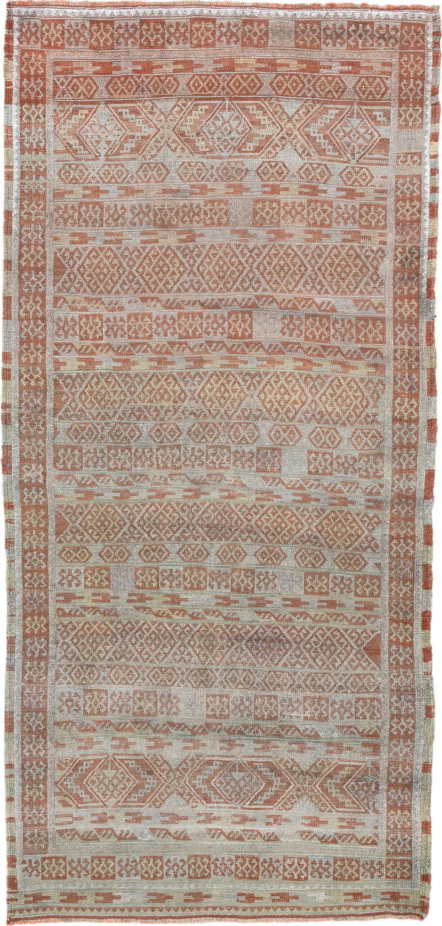 3' x 6' one-of-a-kind handmade vintage Sumak runner rug. Color palette: brown, dark gray, gray, light gray, off-white