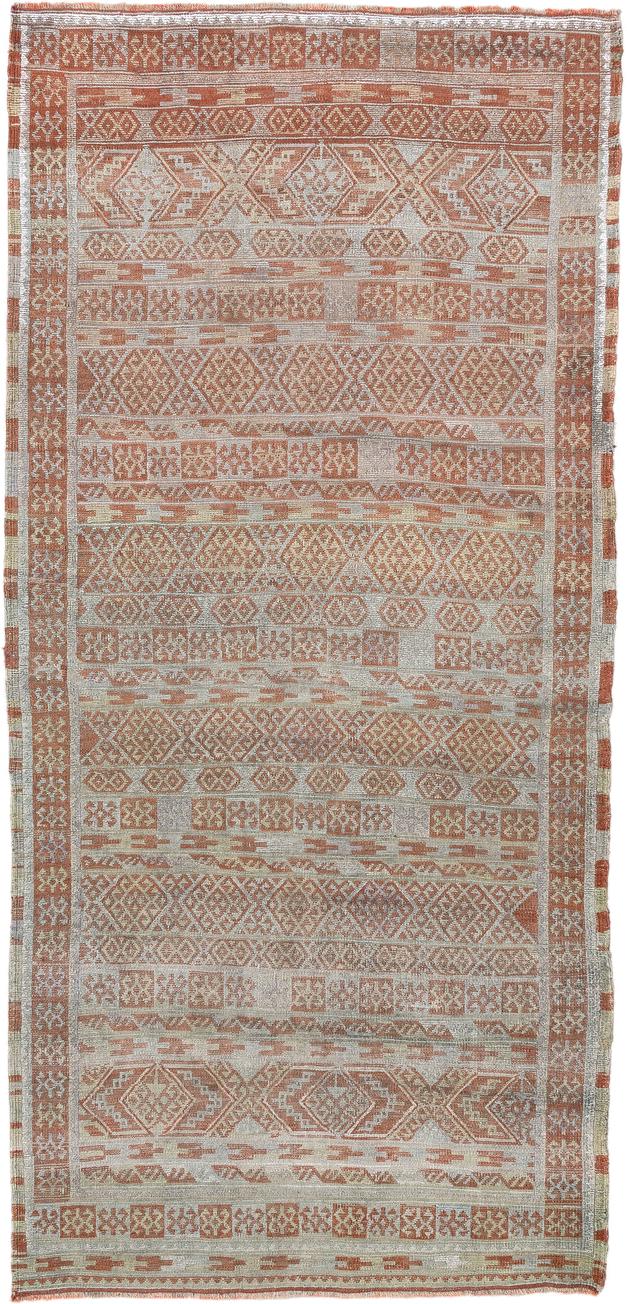 3' x 6' one-of-a-kind handmade antique Sumak runner rug. Color palette: ivory, terra cotta, camel, taupe, terracotta, brown