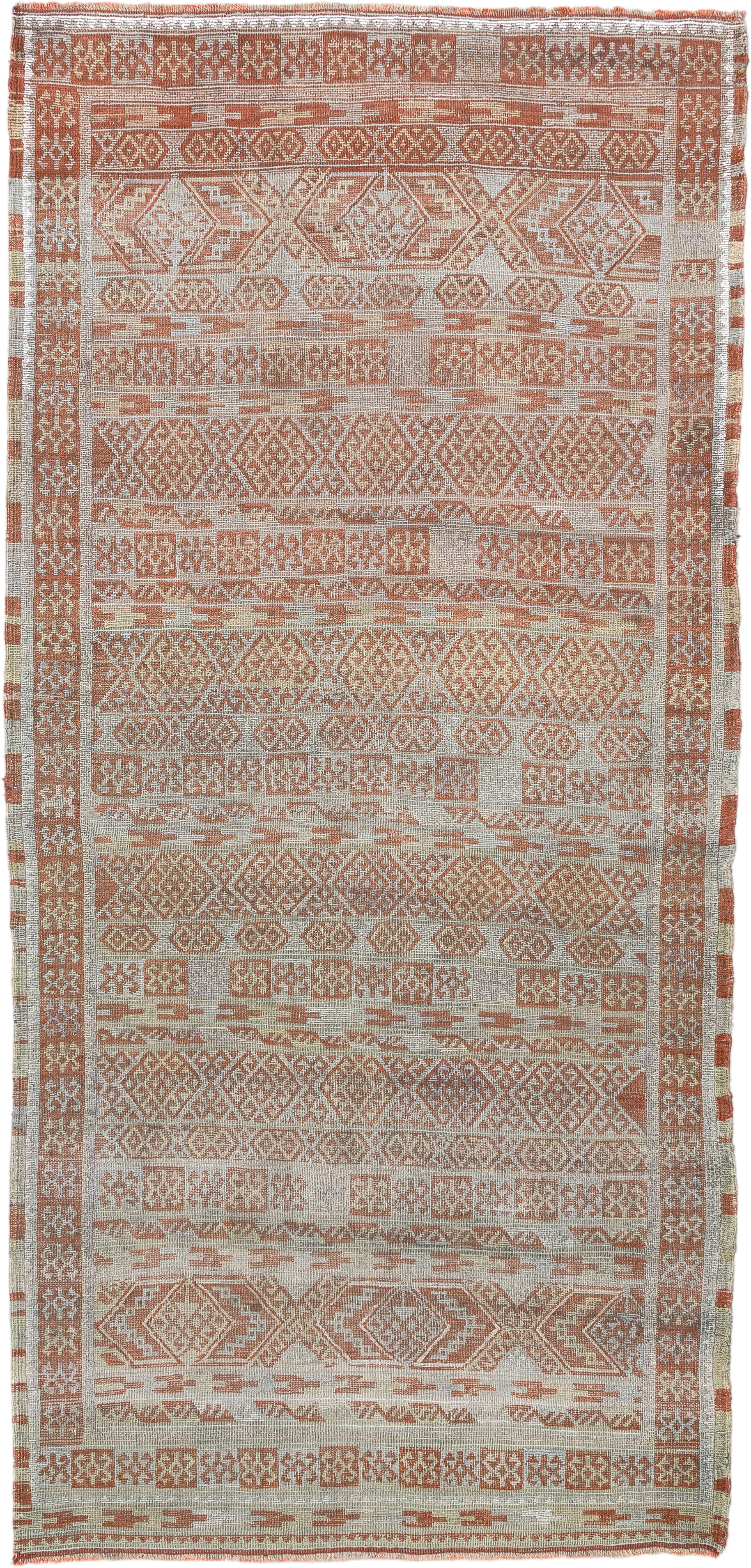 3' x 6' one-of-a-kind handmade antique Sumak runner rug. Color palette: ivory, terra cotta, camel, taupe, terracotta, brown