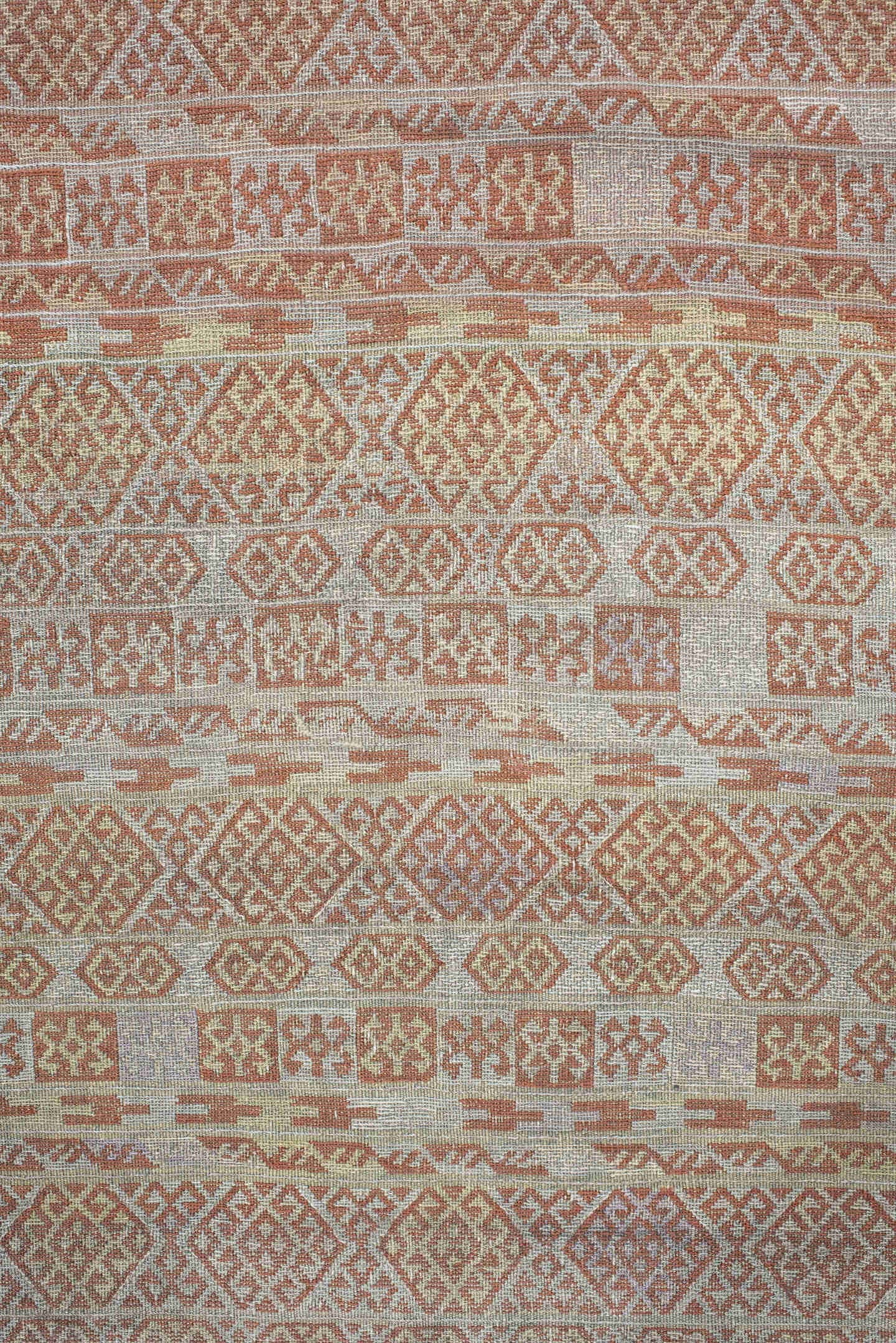 3' x 6' one-of-a-kind handmade antique Sumak runner rug. Color palette: ivory, terra cotta, camel, taupe, terracotta, brown