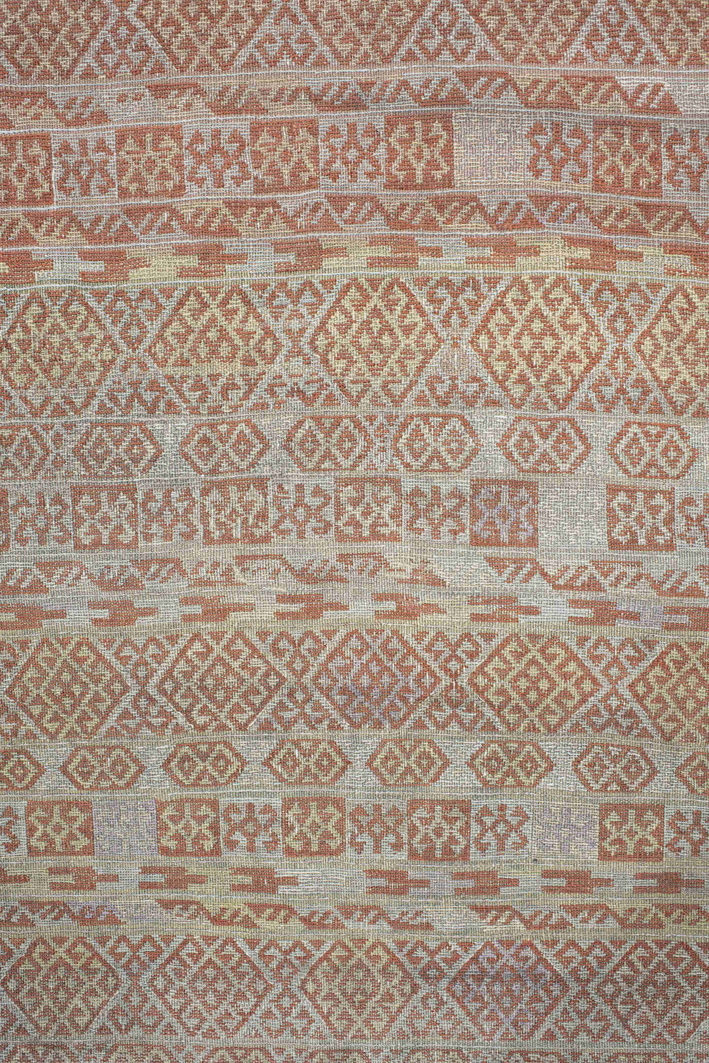 3' x 6' one-of-a-kind handmade antique Sumak runner rug. Color palette: ivory, terra cotta, camel, taupe, terracotta, brown