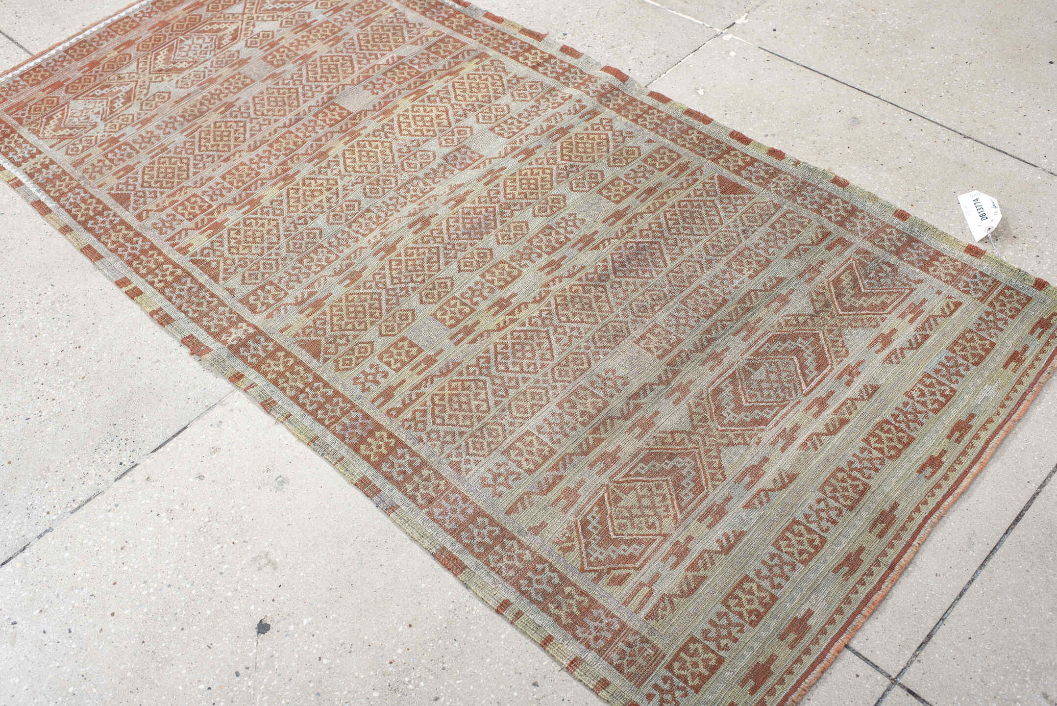 3' x 6' one-of-a-kind handmade vintage Sumak runner rug. Color palette: brown, dark gray, gray, light gray, off-white