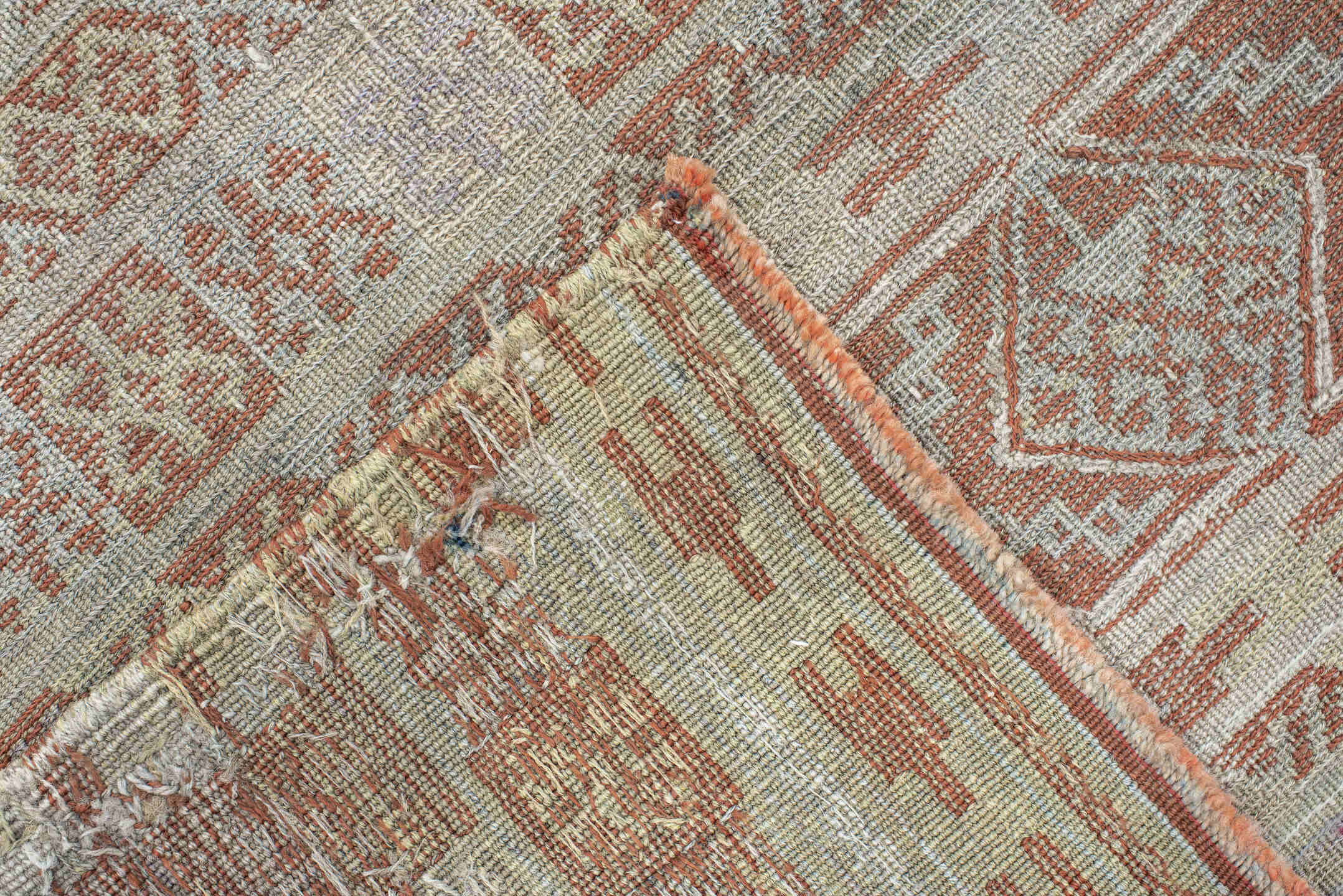 3' x 6' one-of-a-kind handmade antique Sumak runner rug. Color palette: ivory, terra cotta, camel, taupe, terracotta, brown
