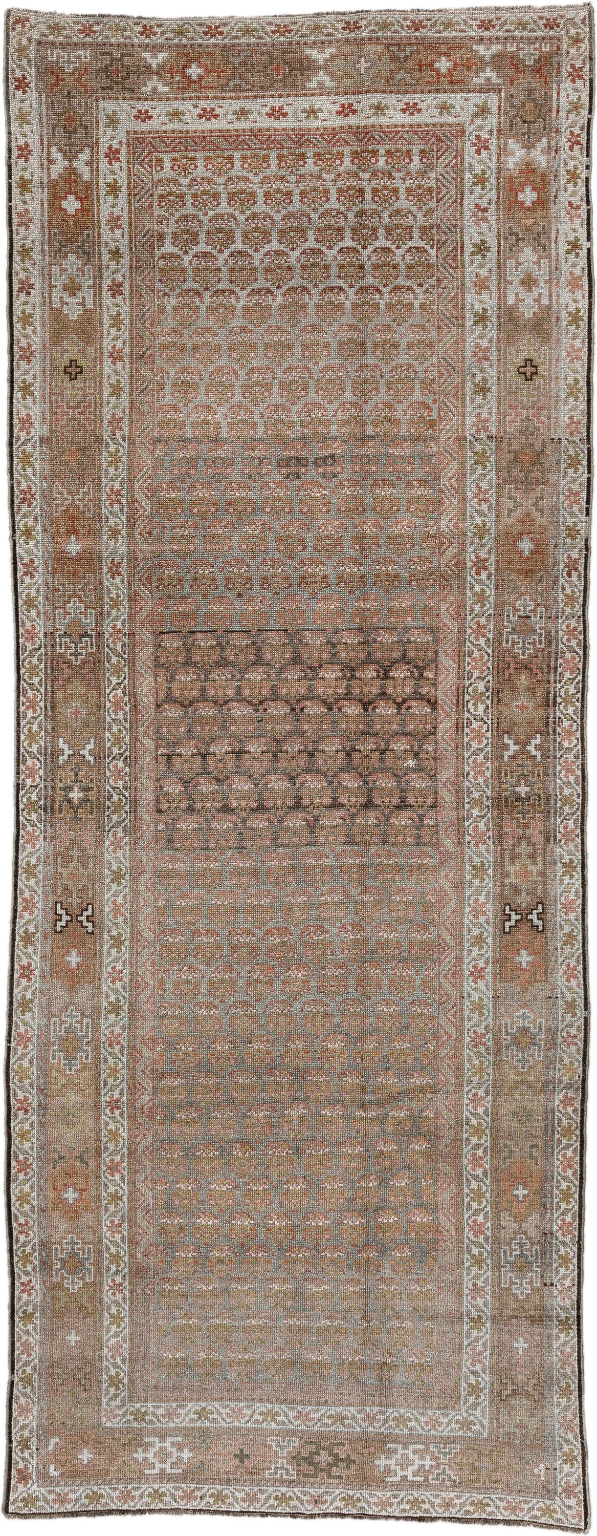 4' x 11' one-of-a-kind handmade vintage NW Persian runner rug. Color palette: taupe, camel, ivory, rust, brown, sage, beige