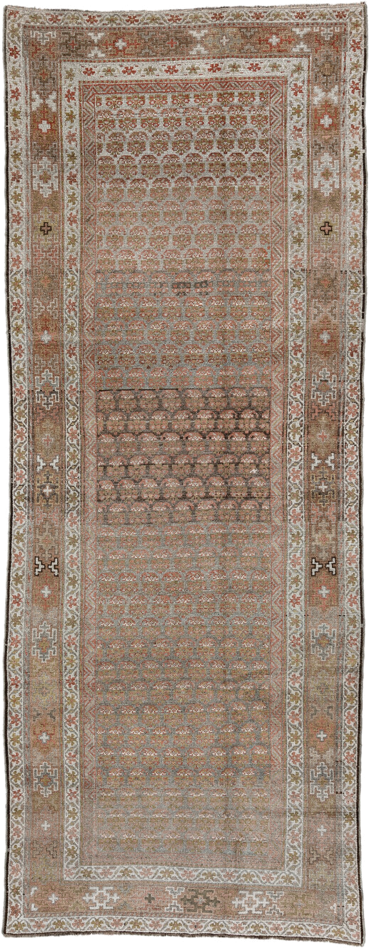 4' x 11' one-of-a-kind handmade vintage NW Persian runner rug. Color palette: taupe, camel, ivory, rust, brown, sage, beige