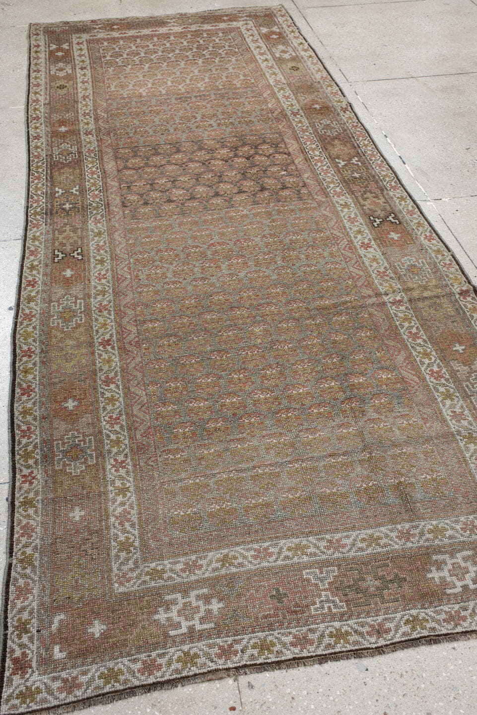 4' x 11' one-of-a-kind handmade vintage NW Persian runner rug. Color palette: taupe, camel, ivory, rust, brown, sage, beige