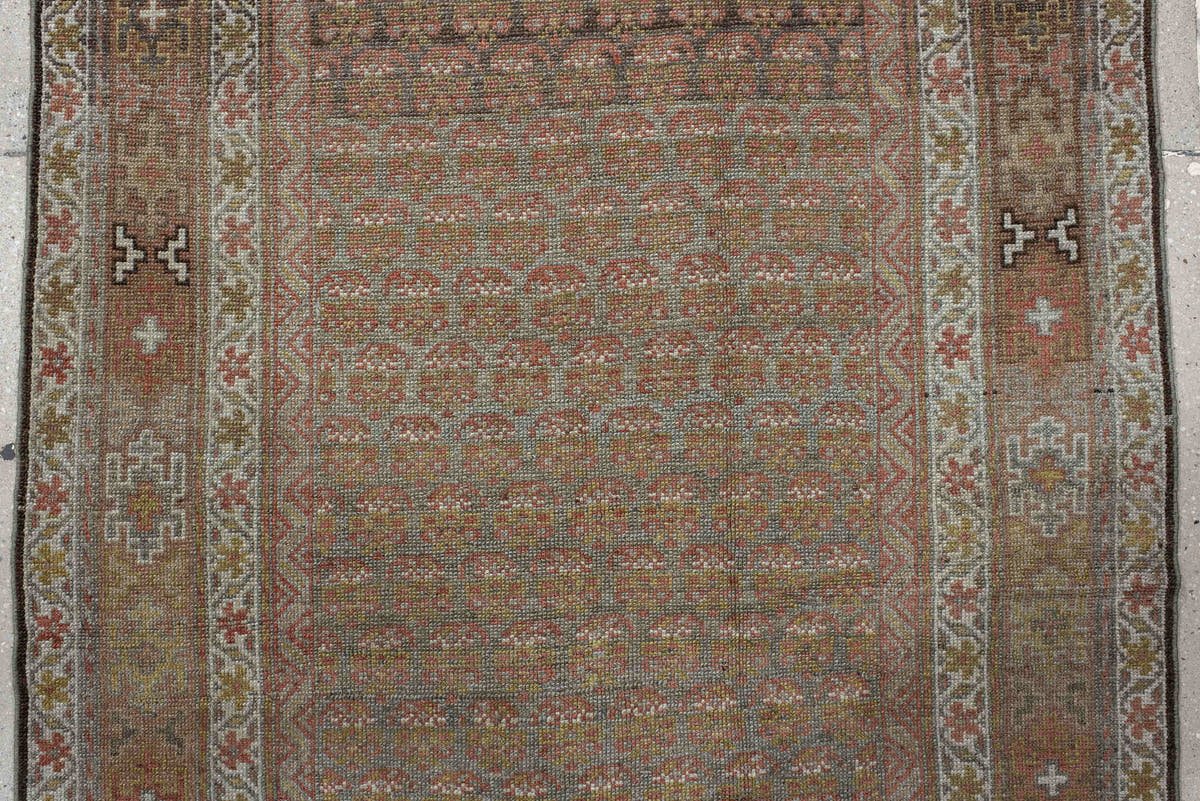 4' x 11' one-of-a-kind handmade vintage NW Persian runner rug. Color palette: taupe, camel, ivory, rust, brown, sage, beige