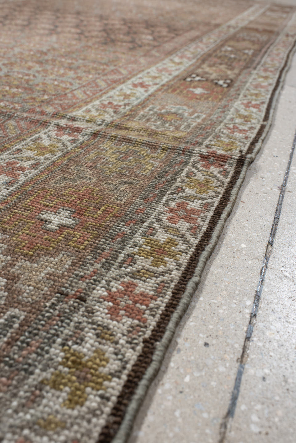 4' x 11' one-of-a-kind handmade vintage NW Persian runner rug. Color palette: taupe, camel, ivory, rust, brown, sage, beige