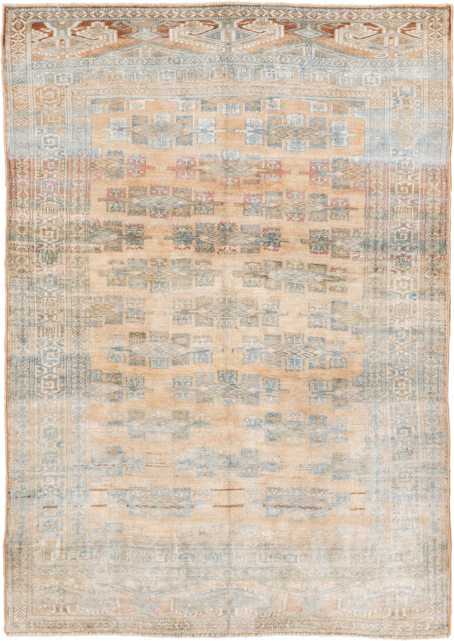 4' x 5' one-of-a-kind handmade antique Yamoud small size rug. Color palette: ivory, pale blue, camel, soft rust, taupe