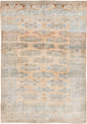 4' x 5' one-of-a-kind handmade antique Yamoud small size rug. Color palette: ivory, pale blue, camel, soft rust, taupe