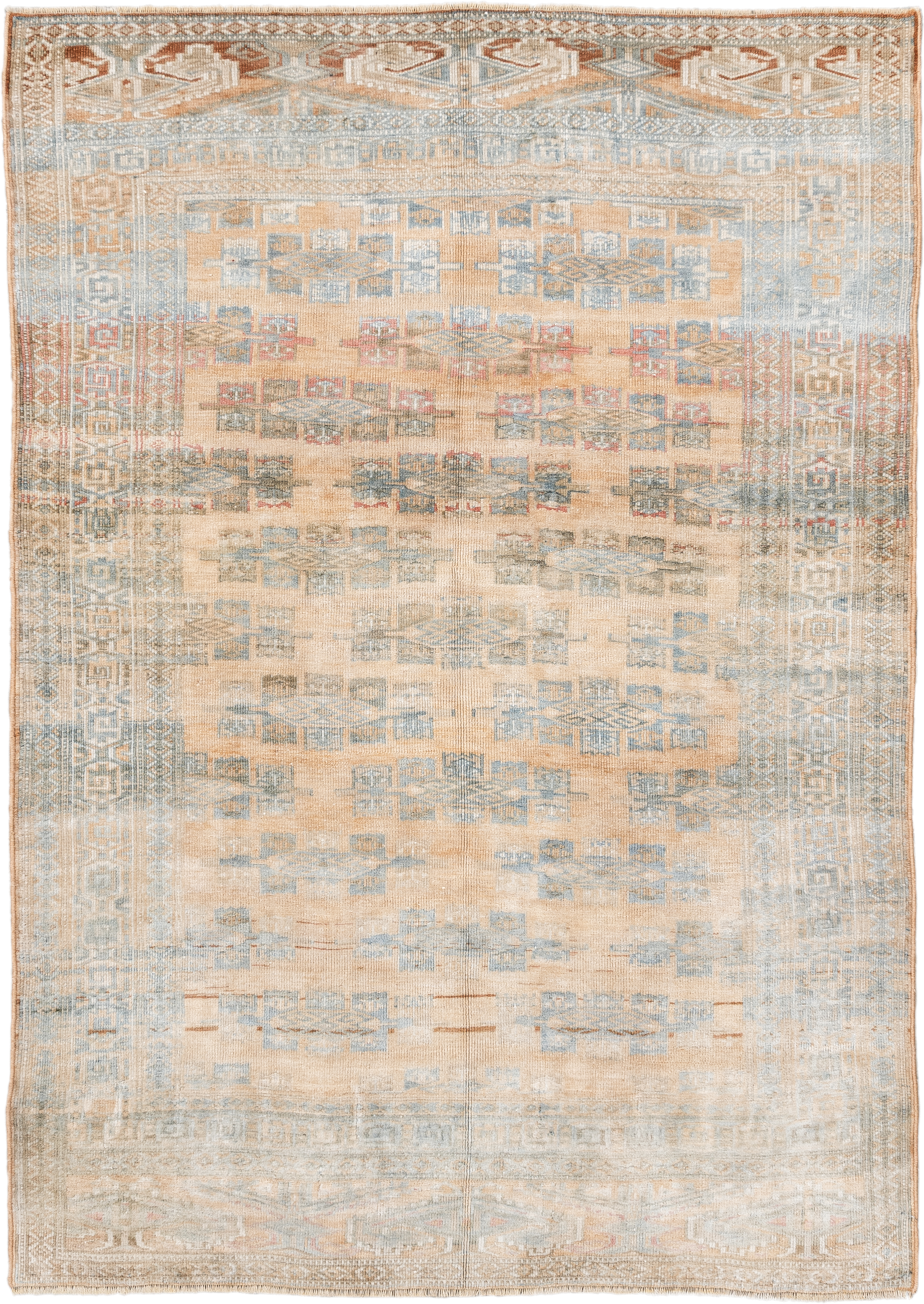 4' x 5' one-of-a-kind handmade antique Yamoud small size rug. Color palette: ivory, pale blue, camel, soft rust, taupe