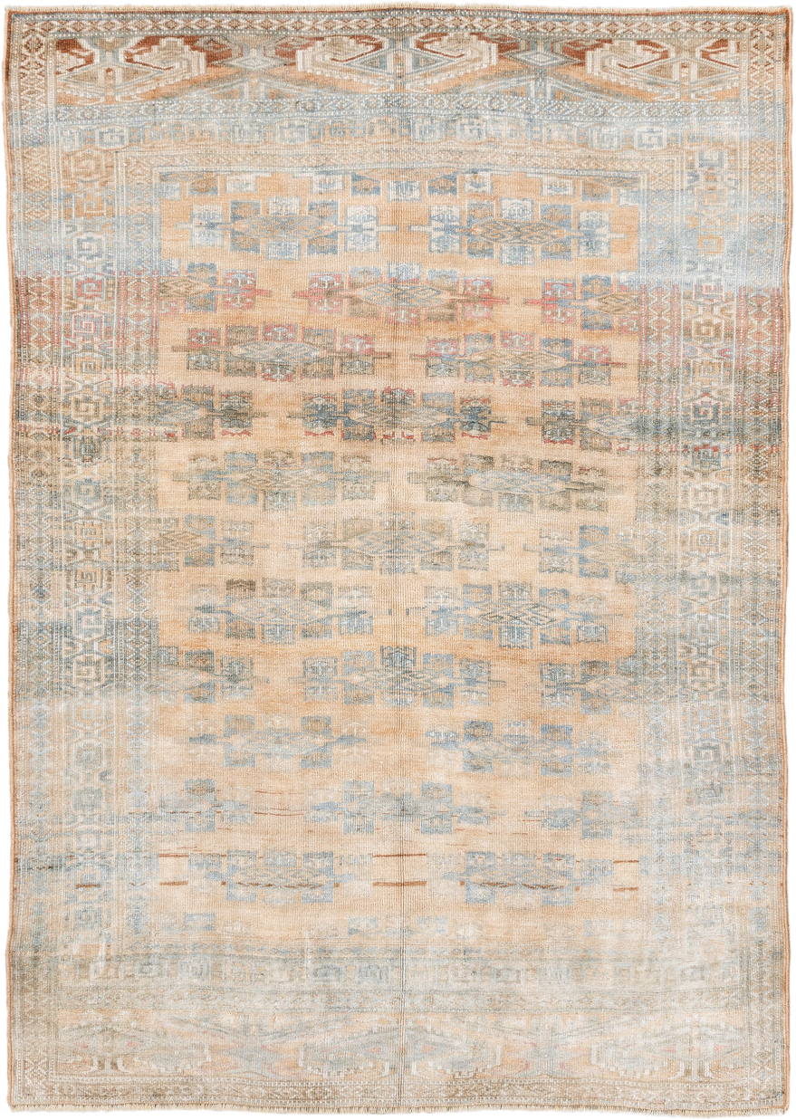 4' x 5' one-of-a-kind handmade antique Yamoud small size rug. Color palette: ivory, pale blue, camel, soft rust, taupe