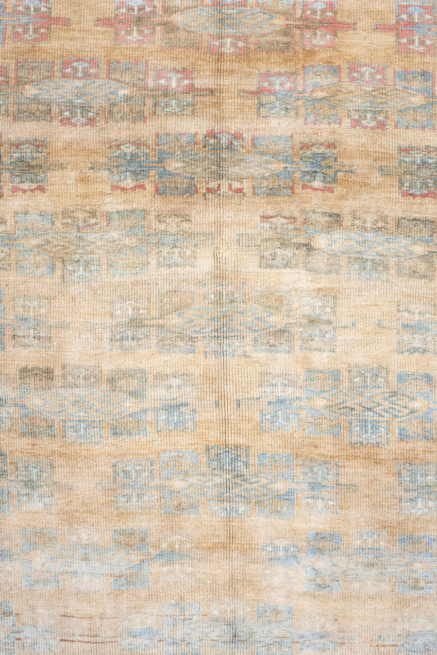 4' x 5' one-of-a-kind handmade antique Yamoud small size rug. Color palette: ivory, pale blue, camel, soft rust, taupe