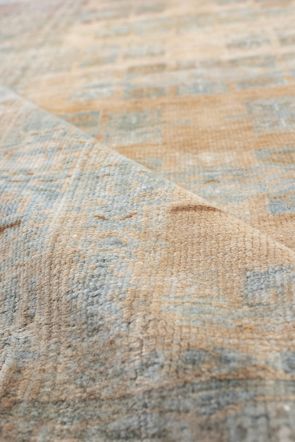 4' x 5' one-of-a-kind handmade antique Yamoud small size rug. Color palette: ivory, pale blue, camel, soft rust, taupe