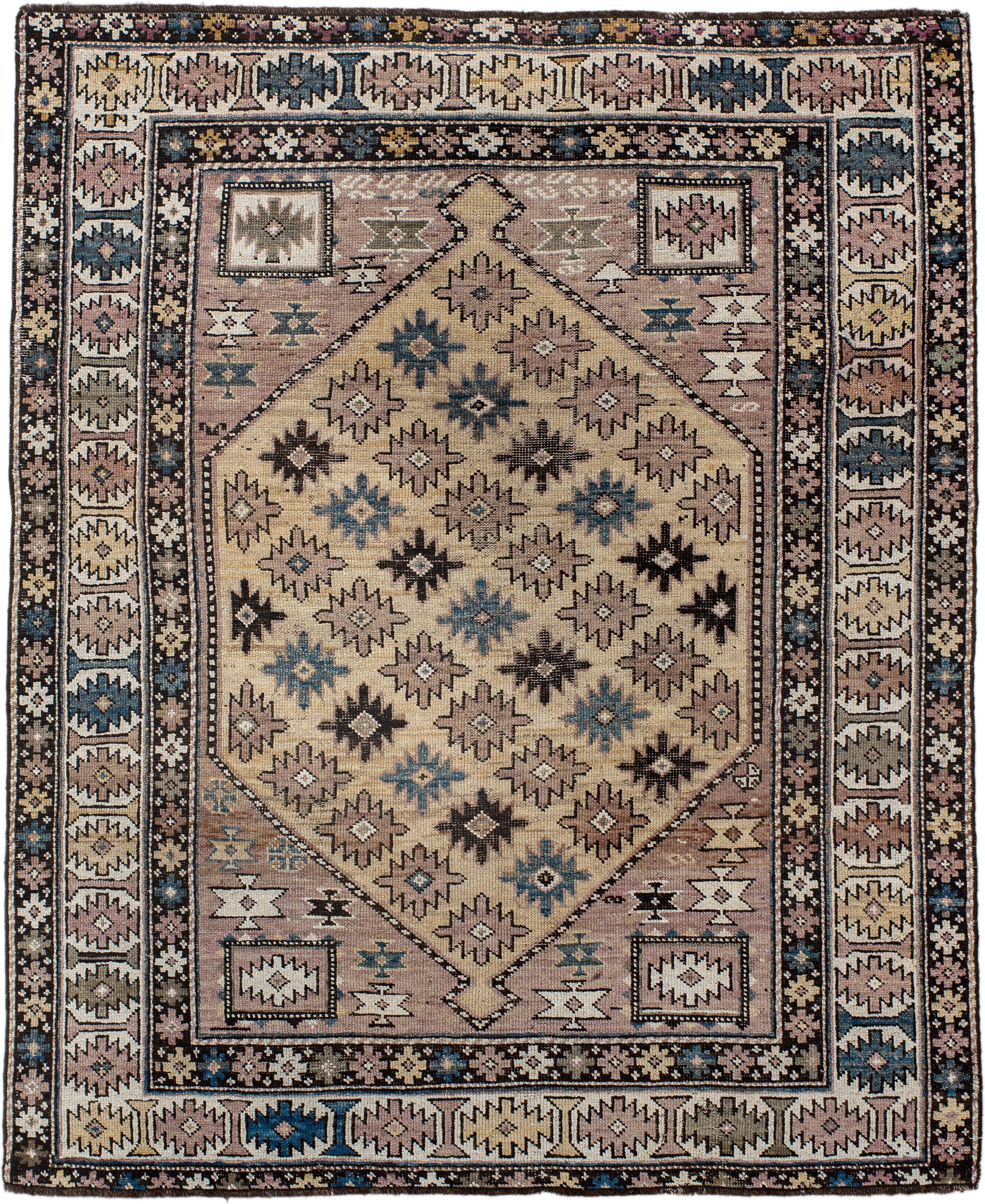 4' x 4' one-of-a-kind handmade antique Shirvan small size rug. Color palette: ivory, taupe, indigo, brown, slate, camel