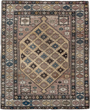 4' x 4' one-of-a-kind handmade antique Shirvan small size rug. Color palette: ivory, taupe, indigo, brown, slate, camel
