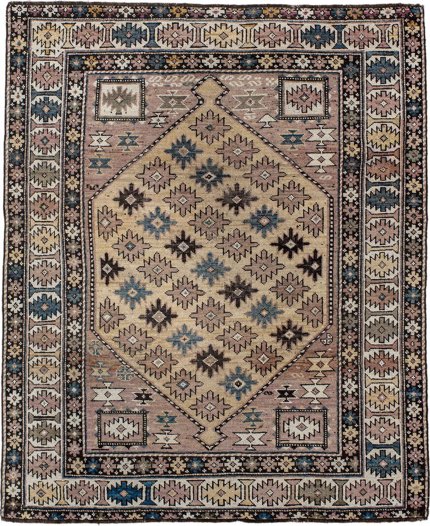 4' x 4' one-of-a-kind handmade antique Shirvan small size rug. Color palette: ivory, taupe, indigo, brown, slate, camel