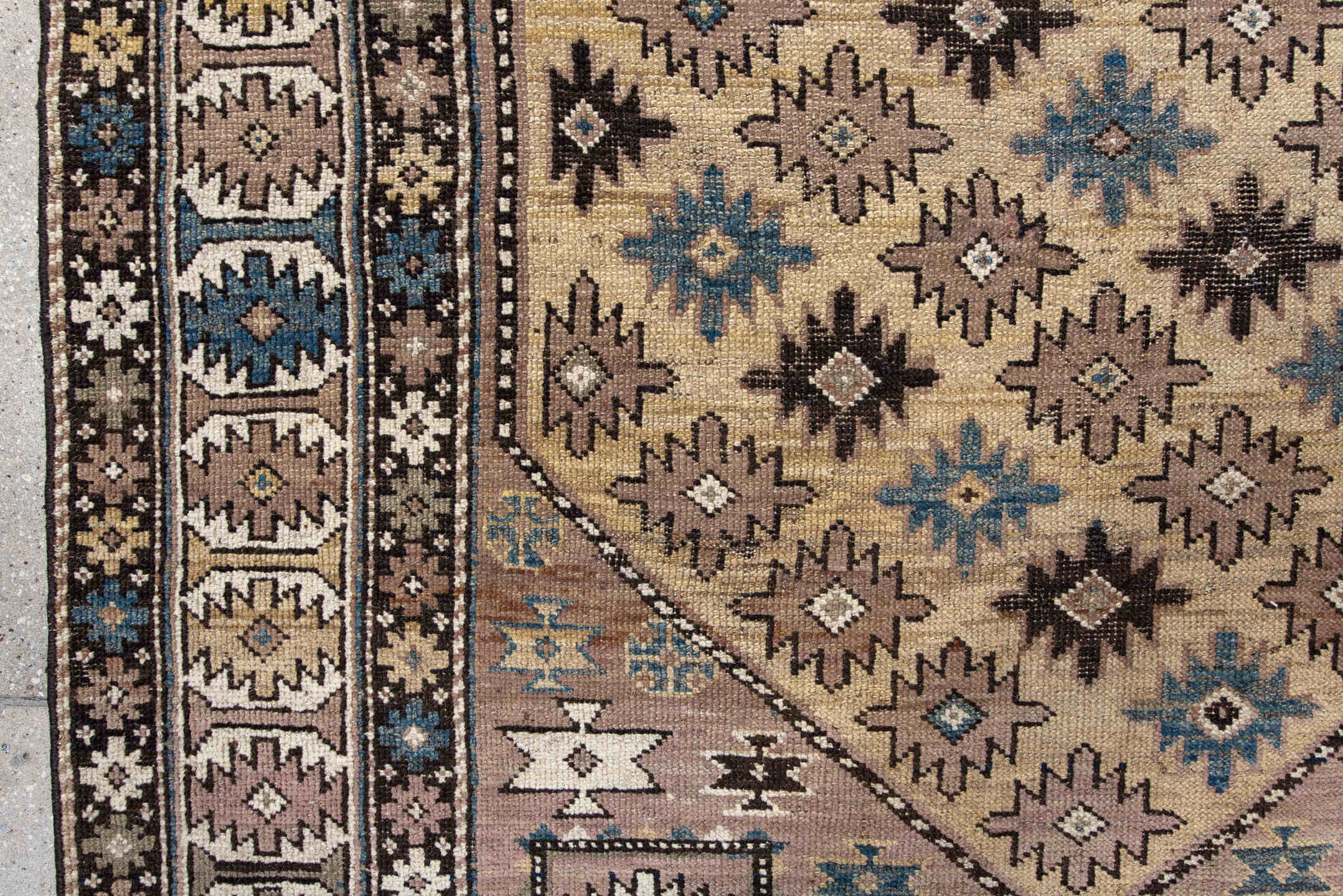 4' x 4' one-of-a-kind handmade antique Shirvan small size rug. Color palette: ivory, taupe, indigo, brown, slate, camel