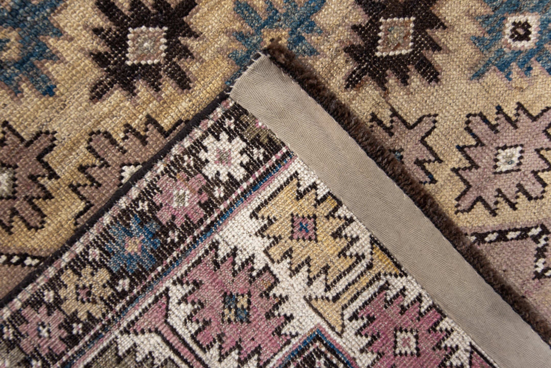 4' x 4' one-of-a-kind handmade antique Shirvan small size rug. Color palette: ivory, taupe, indigo, brown, slate, camel