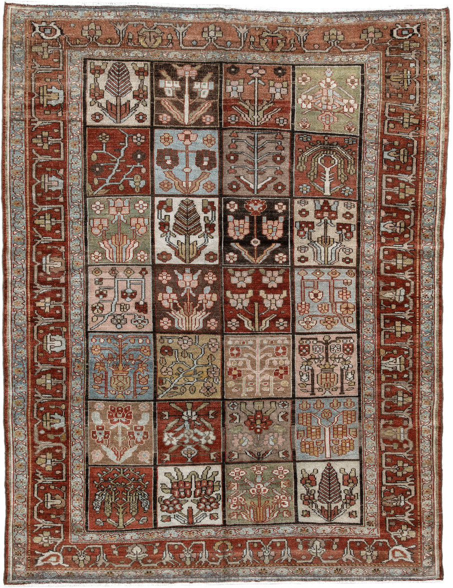 5' x 7' one-of-a-kind handmade antique Baktiary rug. Color palette: rust, ivory, brown, sky blue, sage, taupe, camel