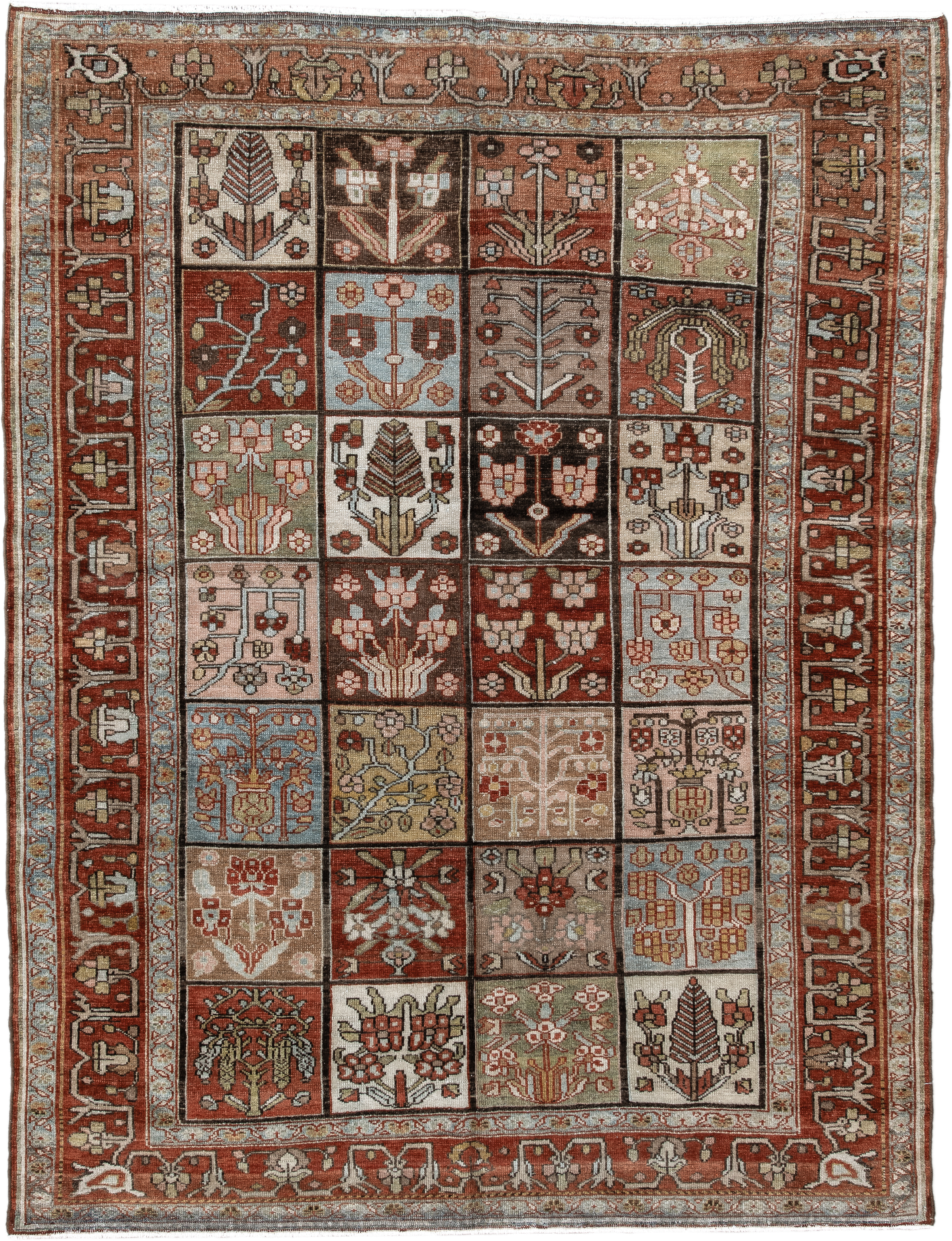 5' x 7' one-of-a-kind handmade antique Baktiary rug. Color palette: rust, ivory, brown, sky blue, sage, taupe, camel
