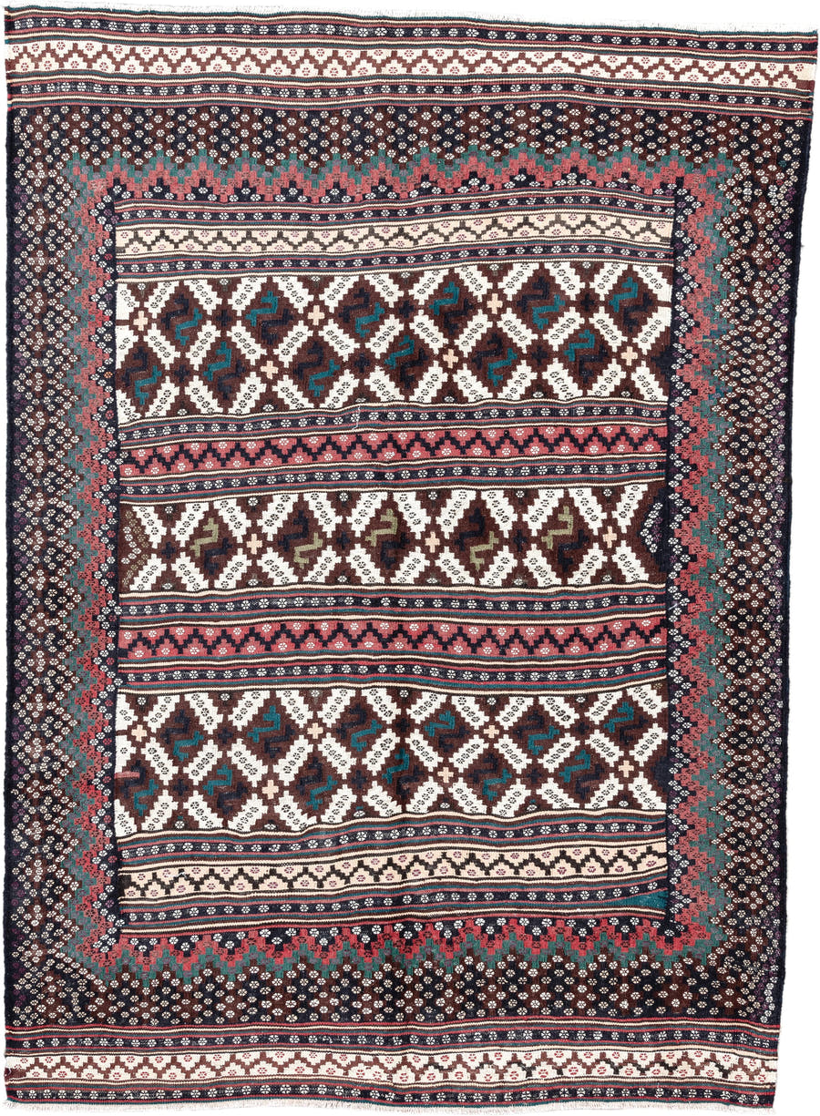 5' x 7' one-of-a-kind handmade vintage Kilim rug. Color palette: brown, ivory, rose, teal, charcoal, olive, pink, red, gray