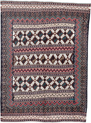 5' x 7' one-of-a-kind handmade vintage Kilim rug. Color palette: brown, ivory, rose, teal, charcoal, olive, pink, red, gray