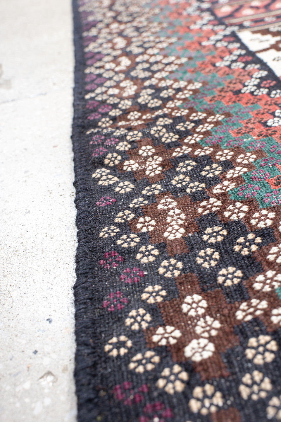 5' x 7' one-of-a-kind handmade vintage Kilim rug. Color palette: brown, ivory, rose, teal, charcoal, olive, pink, red, gray