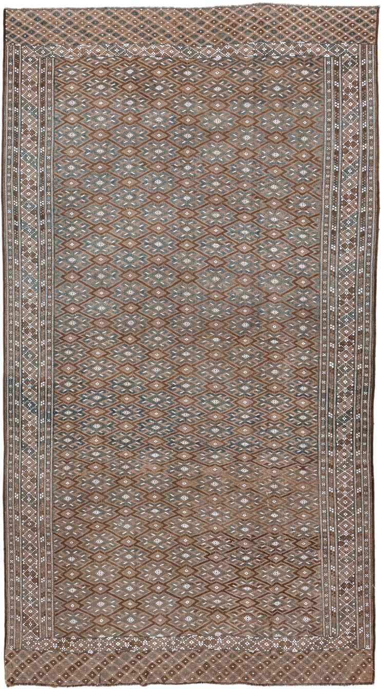 7' x 12' one-of-a-kind handmade antique Kilim large size rug. Color palette: taupe, brown, ivory, slate, camel, beige, gray