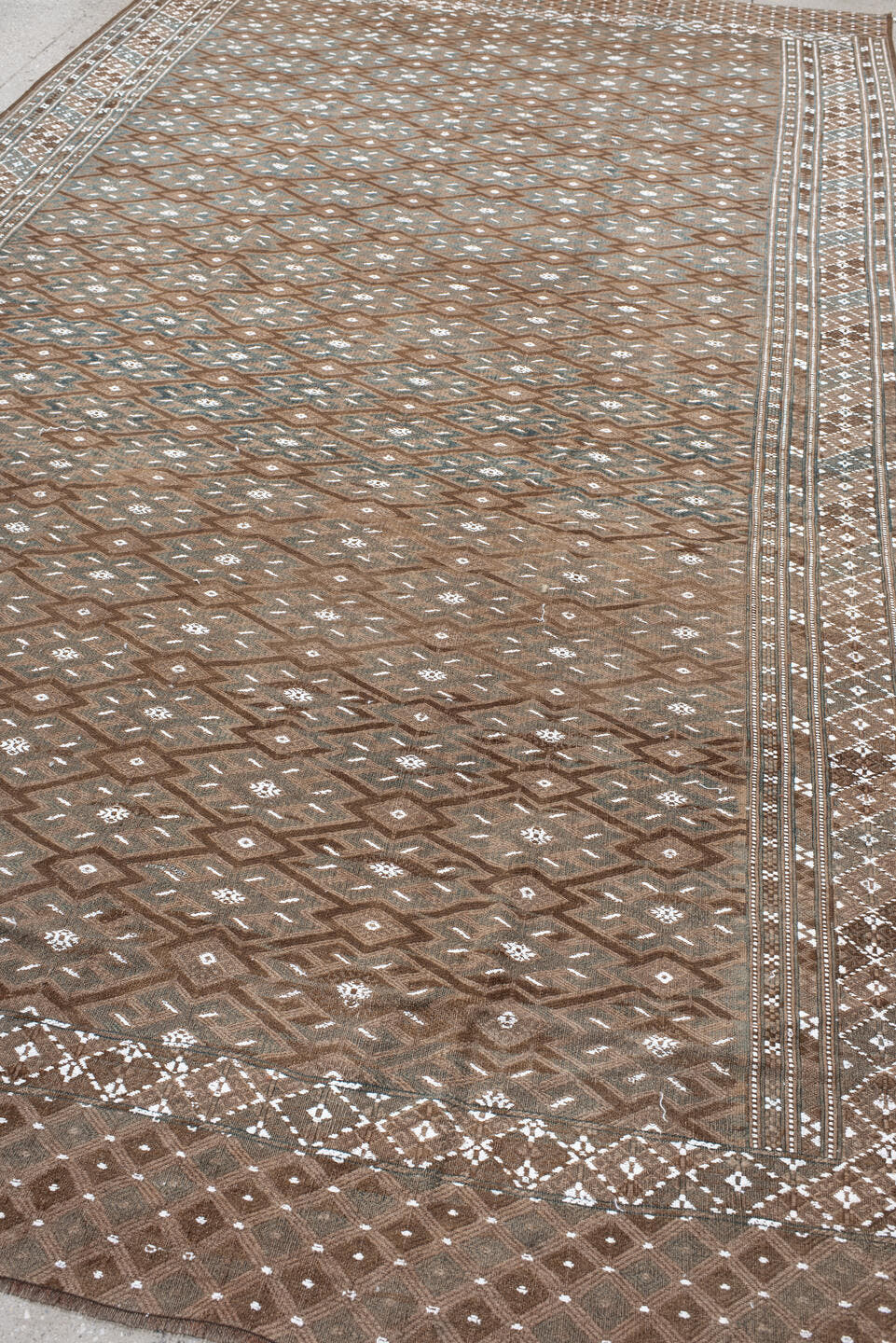 7' x 12' one-of-a-kind handmade antique Kilim large size rug. Color palette: taupe, brown, ivory, slate, camel, beige, gray