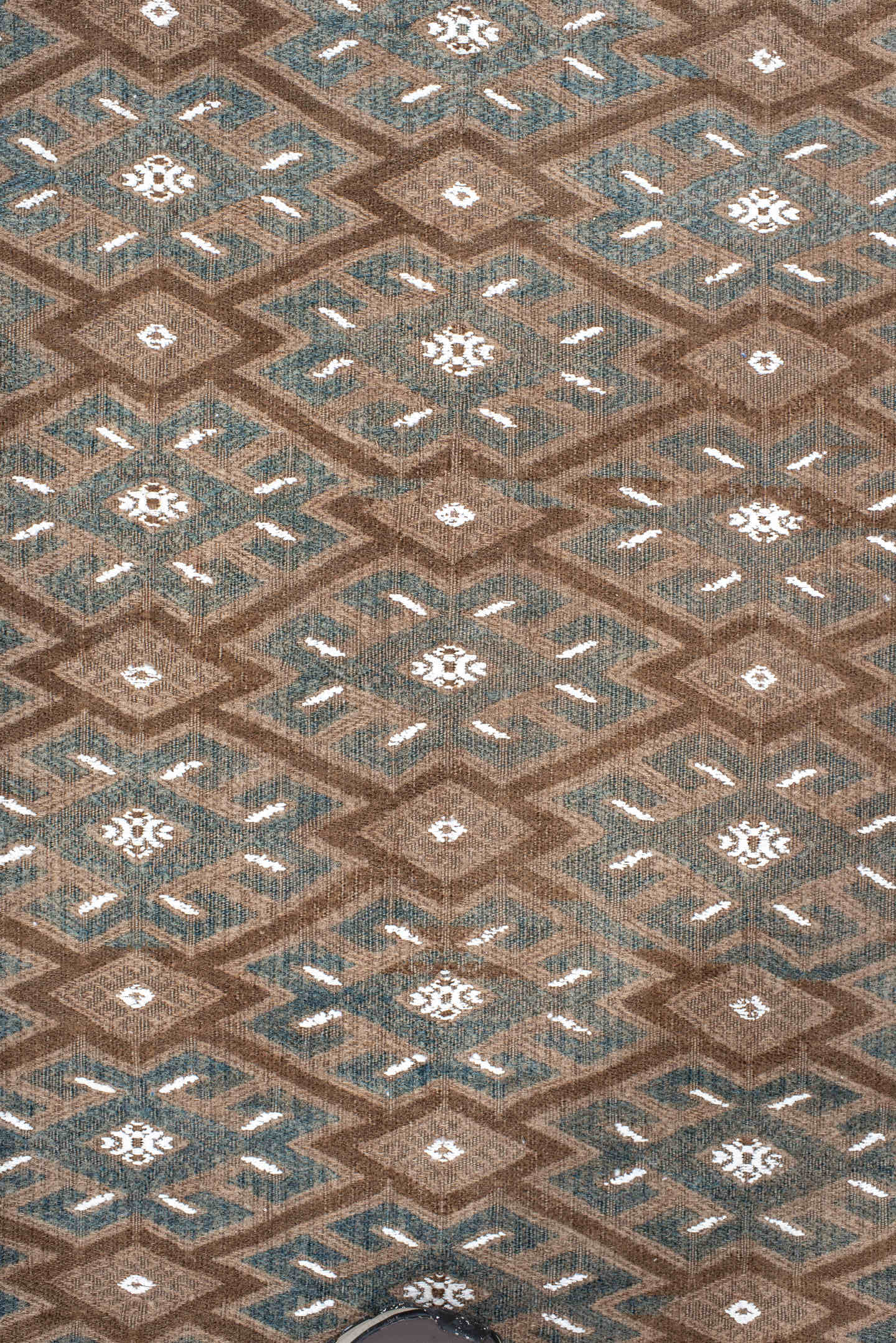 7' x 12' one-of-a-kind handmade antique Kilim large size rug. Color palette: taupe, brown, ivory, slate, camel, beige, gray