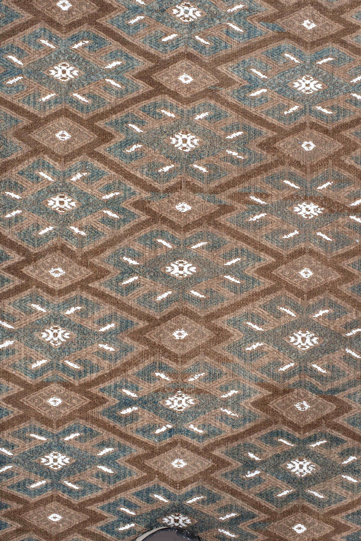 7' x 12' one-of-a-kind handmade antique Kilim large size rug. Color palette: taupe, brown, ivory, slate, camel, beige, gray