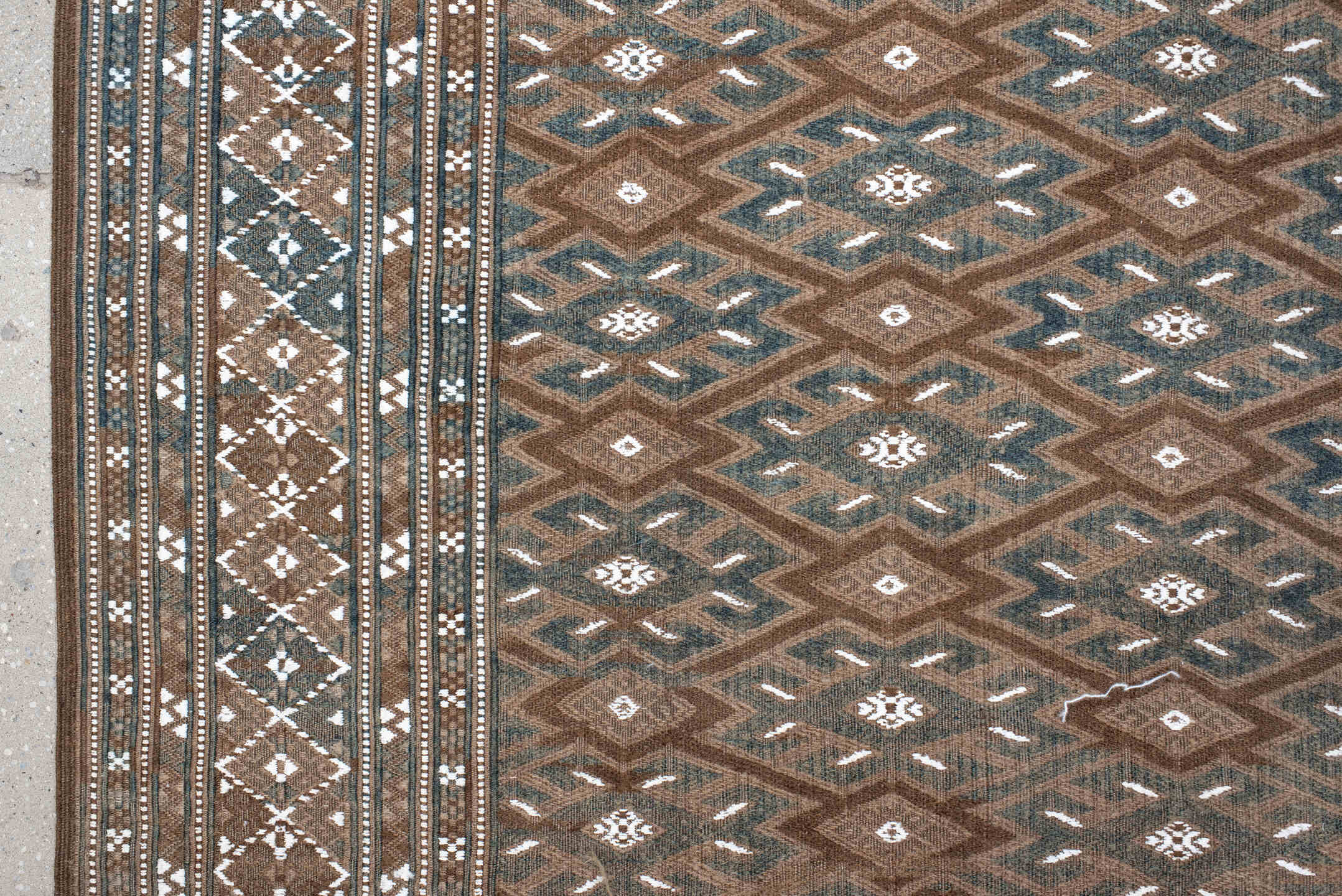 7' x 12' one-of-a-kind handmade antique Kilim large size rug. Color palette: taupe, brown, ivory, slate, camel, beige, gray