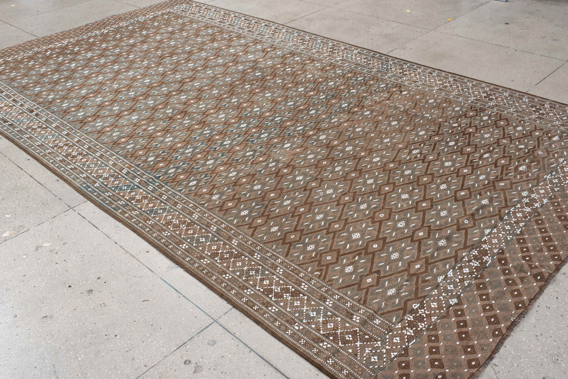 7' x 12' one-of-a-kind handmade antique Kilim large size rug. Color palette: taupe, brown, ivory, slate, camel, beige, gray
