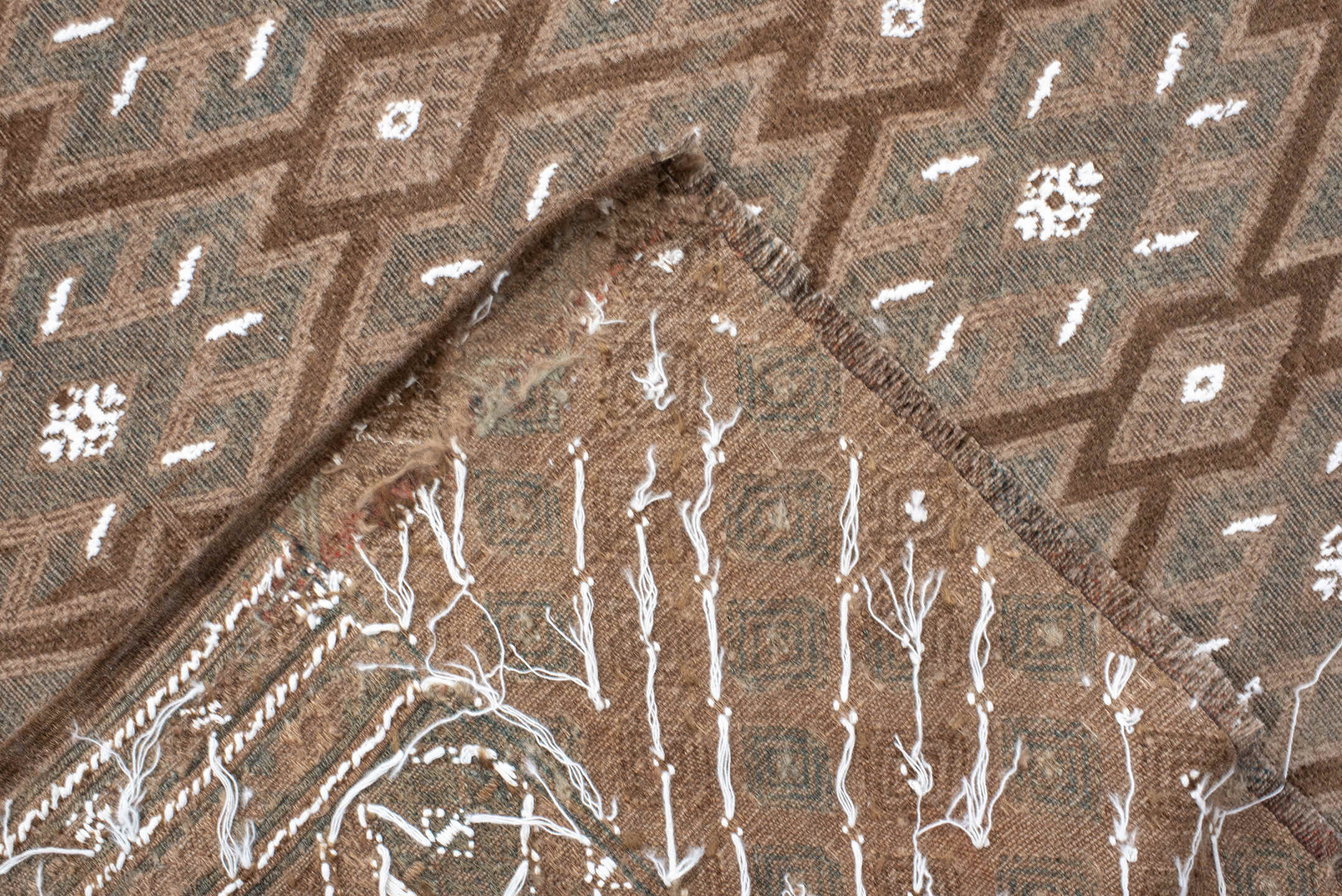 7' x 12' one-of-a-kind handmade antique Kilim large size rug. Color palette: taupe, brown, ivory, slate, camel, beige, gray