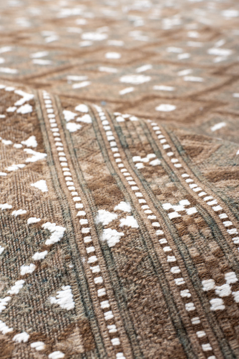 7' x 12' one-of-a-kind handmade antique Kilim large size rug. Color palette: taupe, brown, ivory, slate, camel, beige, gray