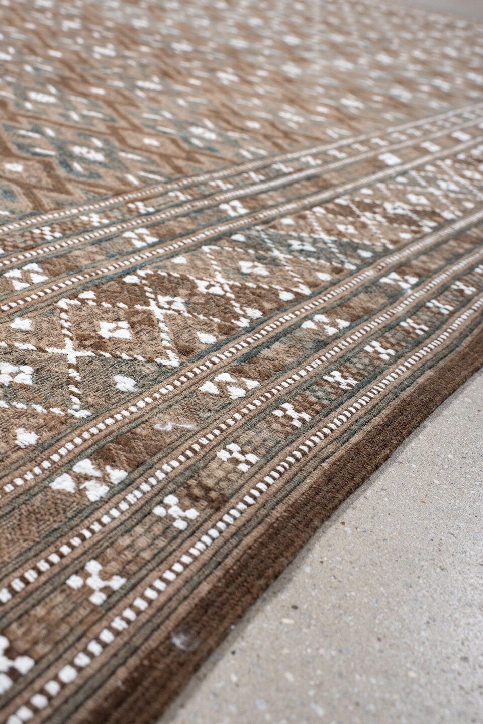 7' x 12' one-of-a-kind handmade antique Kilim large size rug. Color palette: taupe, brown, ivory, slate, camel, beige, gray