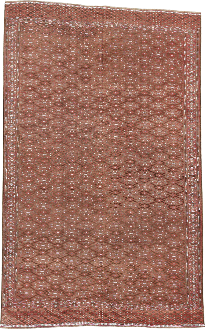 7' x 12' one-of-a-kind handmade antique Kilim large size rug. Color palette: rust, brown, ivory, terra cotta, taupe