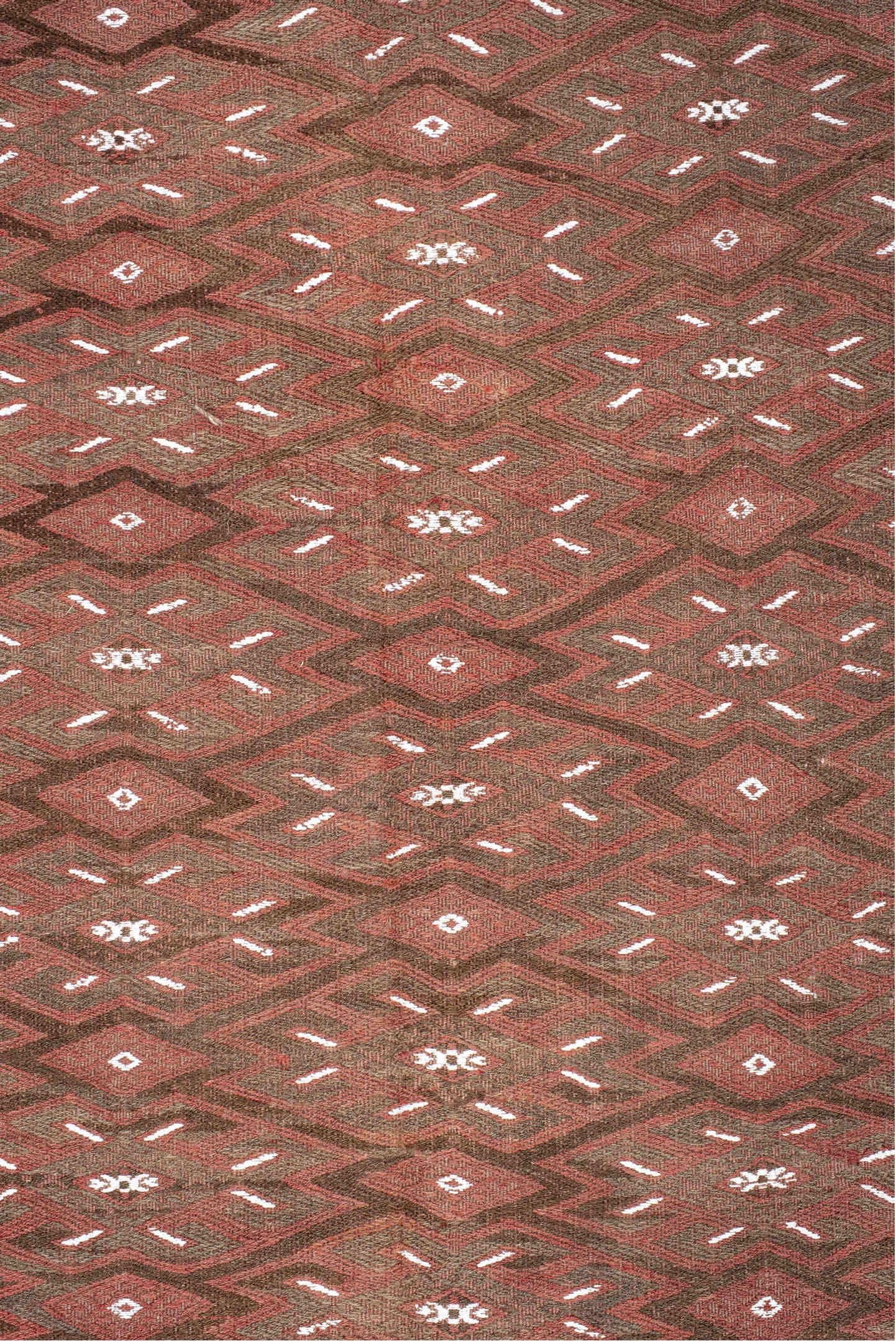 7' x 12' one-of-a-kind handmade antique Kilim large size rug. Color palette: rust, brown, ivory, terra cotta, taupe