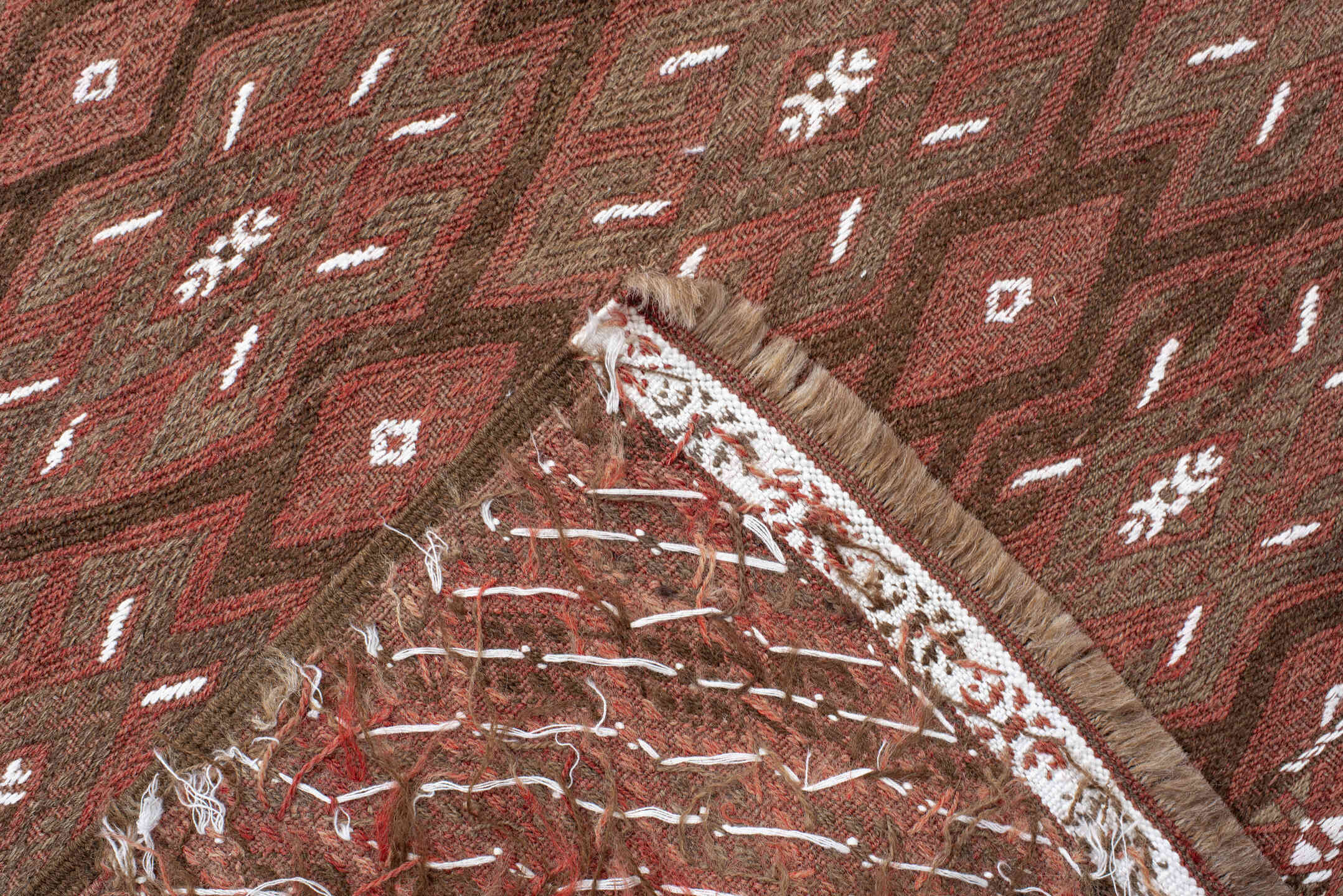 7' x 12' one-of-a-kind handmade antique Kilim large size rug. Color palette: rust, brown, ivory, terra cotta, taupe