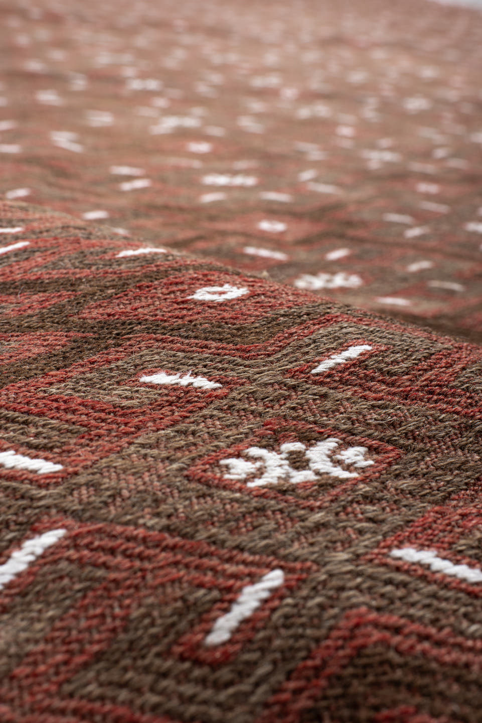 7' x 12' one-of-a-kind handmade antique Kilim large size rug. Color palette: rust, brown, ivory, terra cotta, taupe