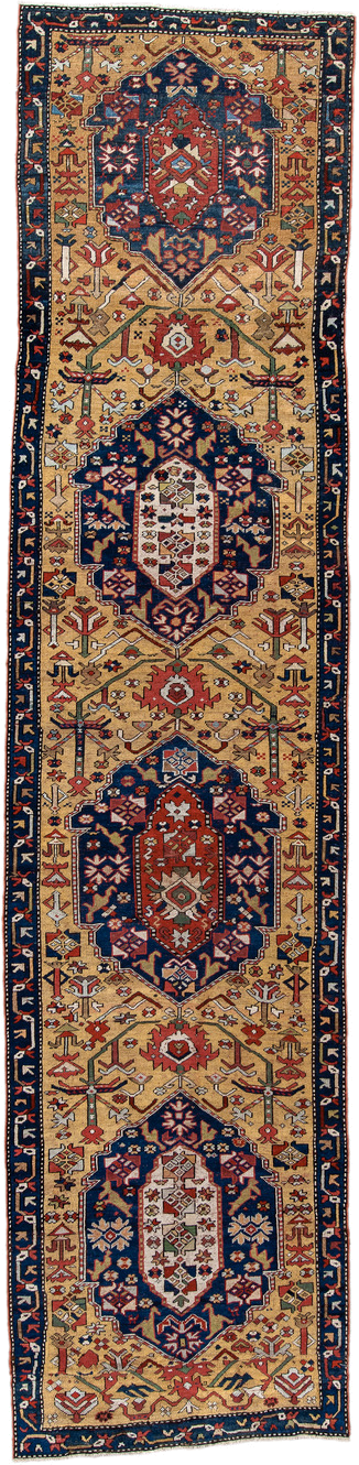 3' x 13' one-of-a-kind handmade antique NW Persian runner rug. Color palette: camel, navy, rust, ivory, crimson, saffron