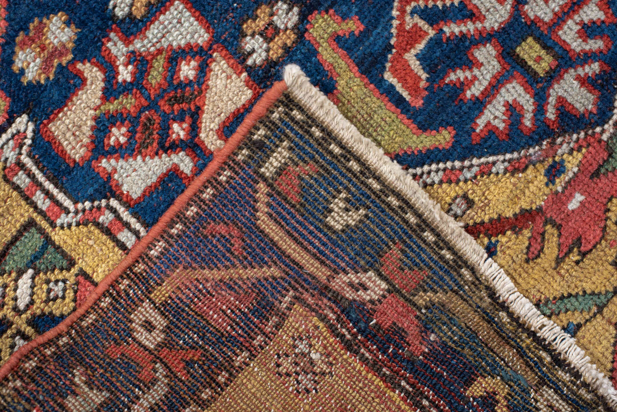 3' x 13' one-of-a-kind handmade antique NW Persian runner rug. Color palette: camel, navy, rust, ivory, crimson, saffron