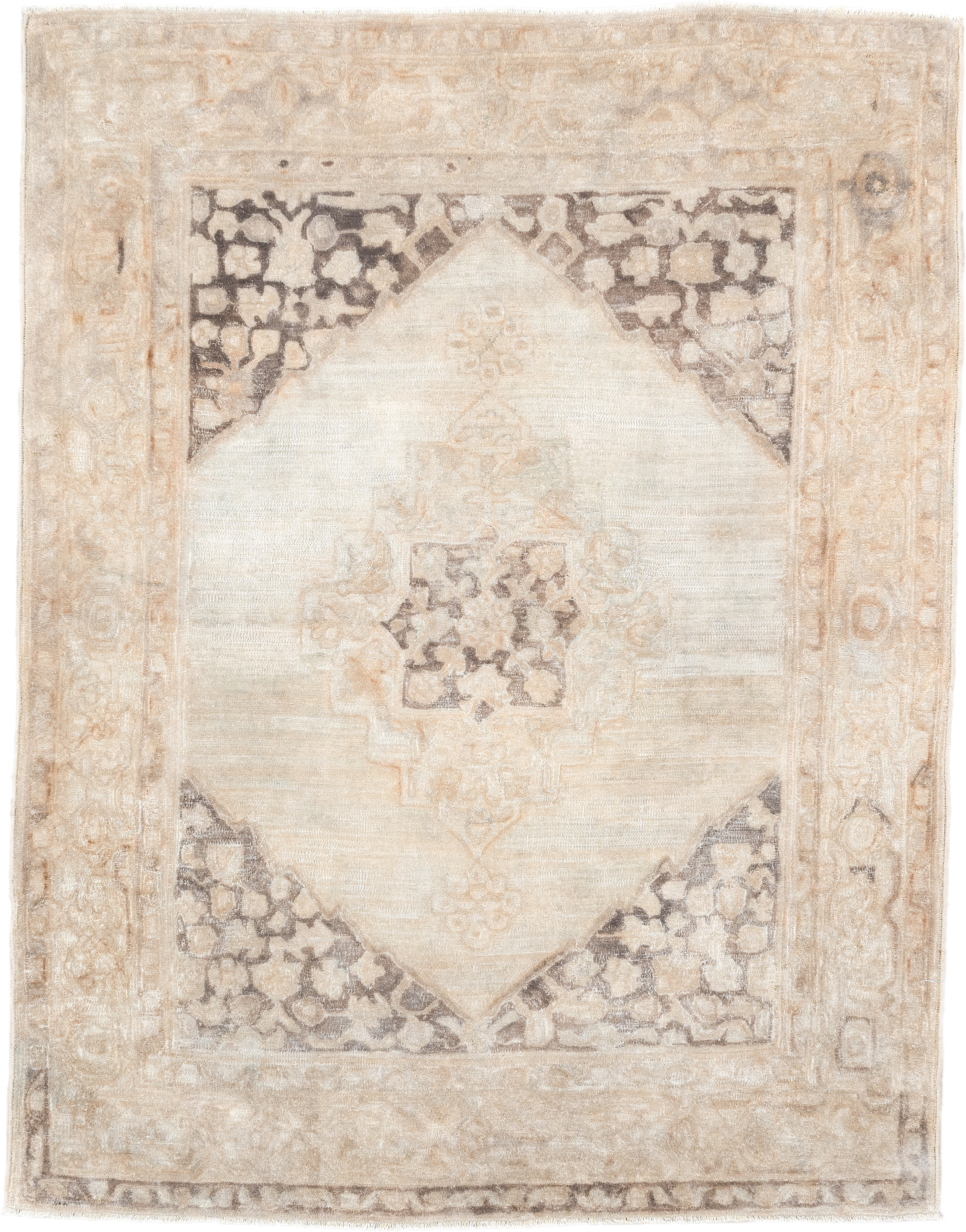 4' x 5' one-of-a-kind handmade antique Hooked small size rug. Color palette: ivory, beige, taupe, charcoal, cream, gray