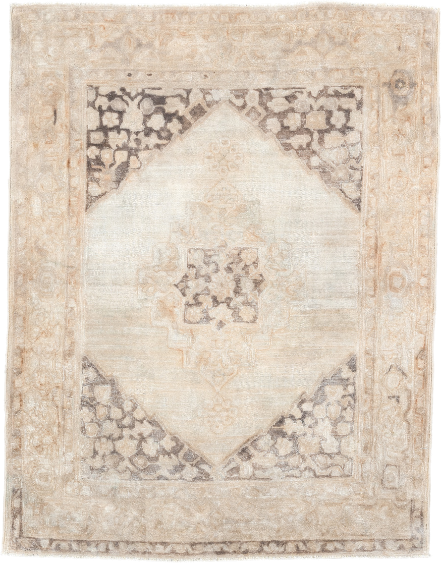4' x 5' one-of-a-kind handmade antique Hooked small size rug. Color palette: ivory, beige, taupe, charcoal, cream, gray