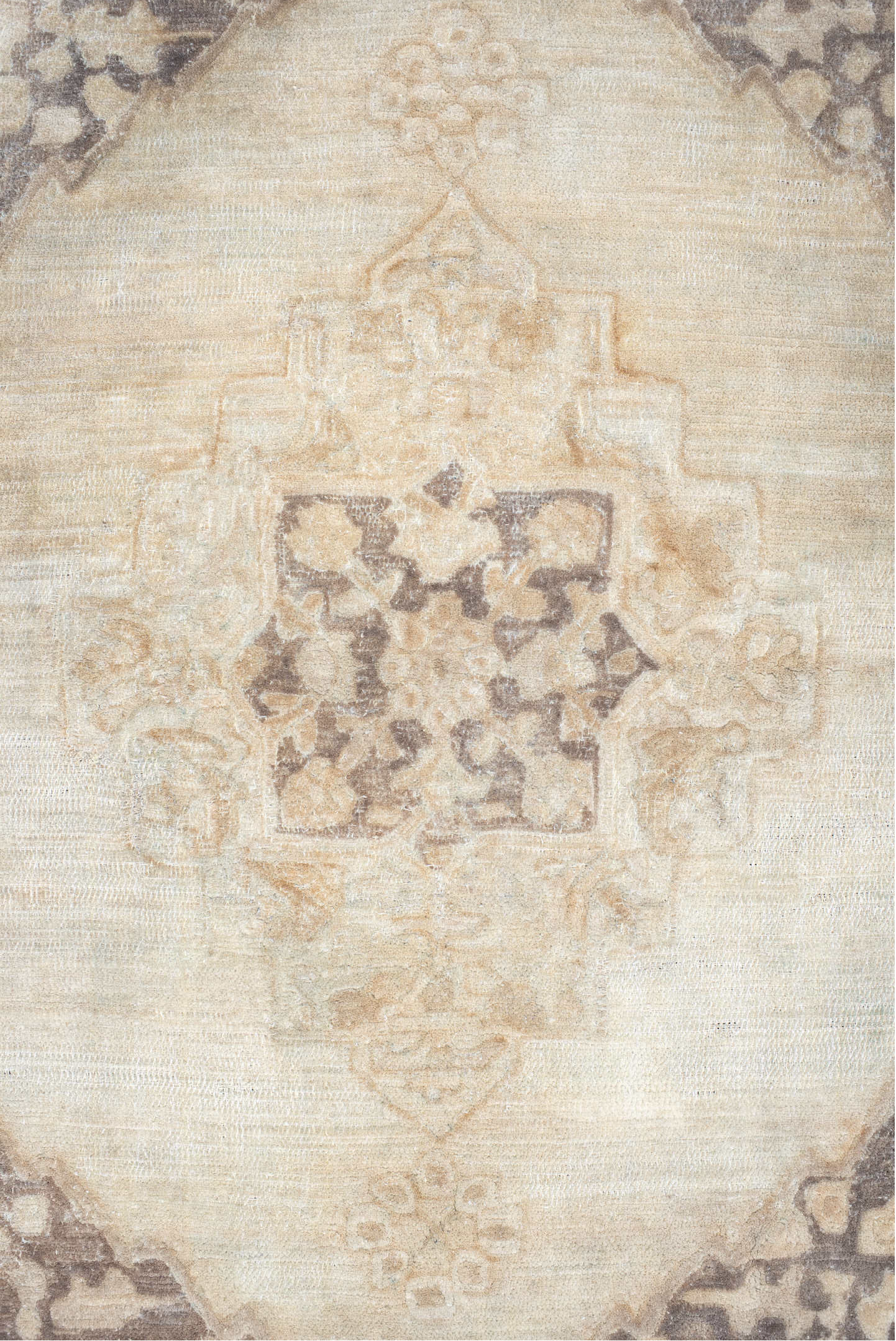 4' x 5' one-of-a-kind handmade vintage Hooked small size rug. Color palette: antiquewhite, beige, brown, floral white, gray