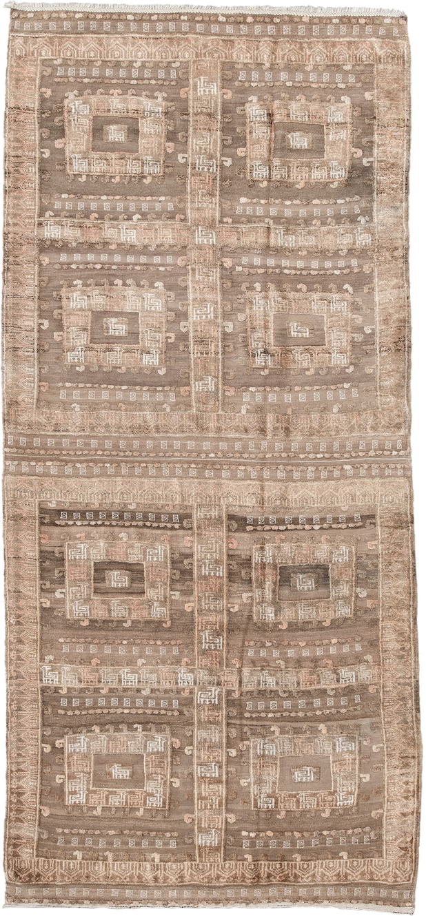 4' x 8' one-of-a-kind handmade vintage Belouch runner rug. Color palette: taupe, ivory, beige, camel, rose, brown, gray