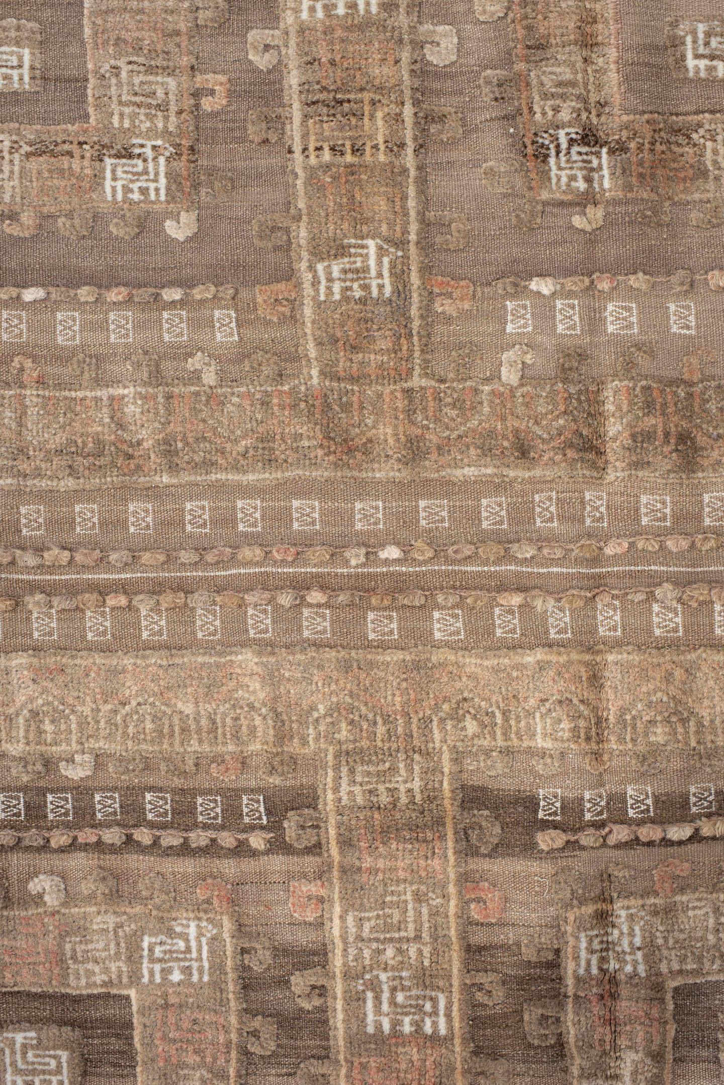 4' x 8' one-of-a-kind handmade vintage Belouch runner rug. Color palette: taupe, ivory, beige, camel, rose, brown, gray