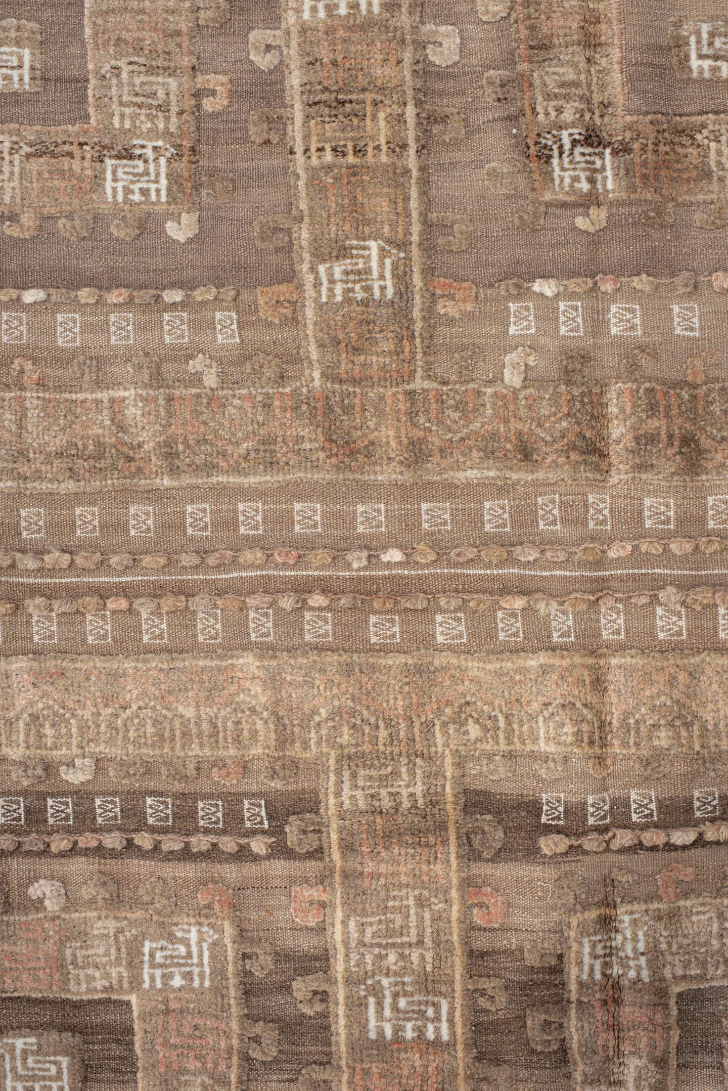 4' x 8' one-of-a-kind handmade vintage Belouch runner rug. Color palette: taupe, ivory, beige, camel, rose, brown, gray